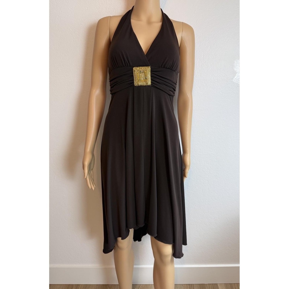 Vintage Y2K En Focus Studio Brown Drapey Halter Top Open Back Midi Dress Size S
